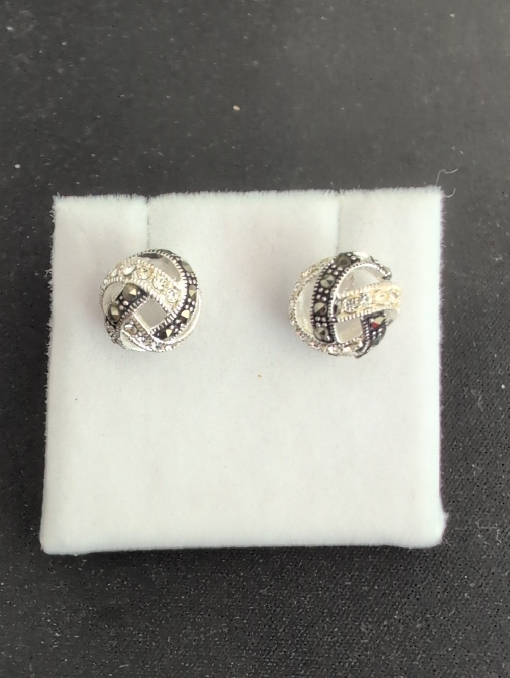 Silver Knot Stud Earrings with Black Accents